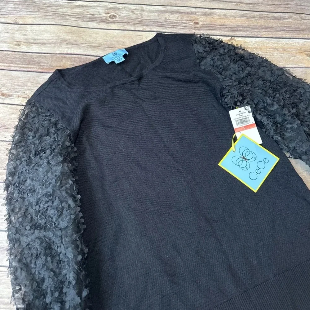 Cece Floral-Sleeve Mixed-Media Blouse Top In Black Size XS - Picture 3 of 6
